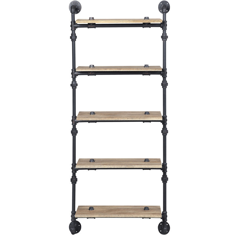 5-Shelf Wall Shelf In Rustic Look - Oak And Sandy Black, Metal For Home Frame Storage
