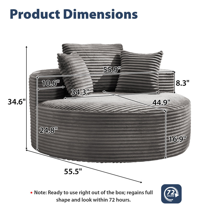 Hartwig Oversized Round Indoor Chaise Lounge Chair, Upholstered Corduroy Deep Seat Cloud Large Sofa Compression Chair, No Assembly Required