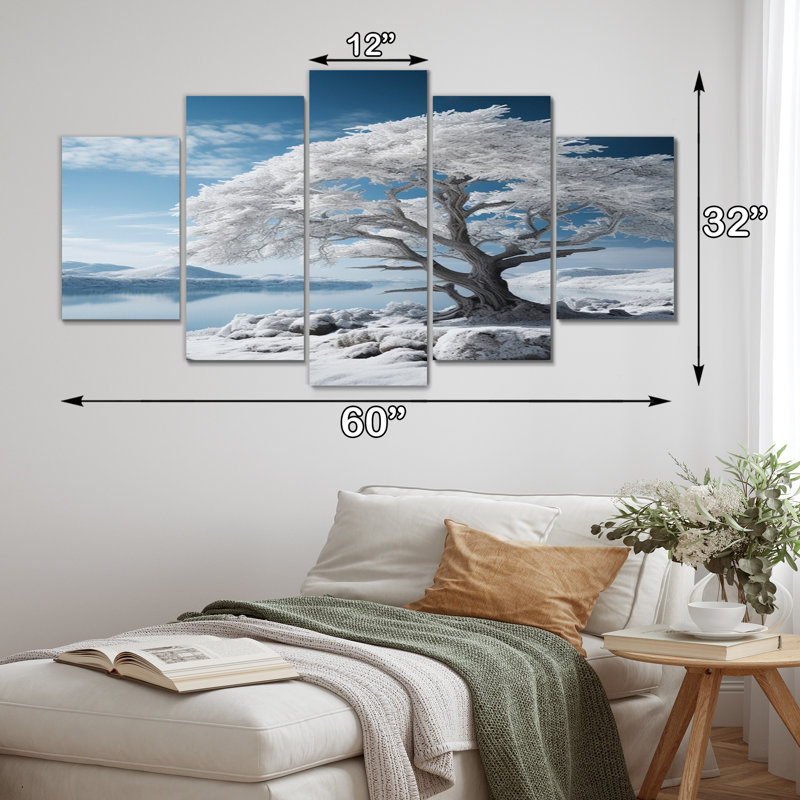 Monochromes bleus et blancs Winters Reflection II - paysage d'hiver, reproduction d'art sur toile - 5 panneaux