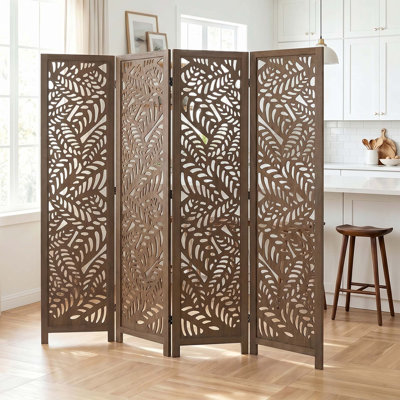 67'' H Solid Wood Room Divider - Floral Serenity Folding Screen with Leaf Cutout