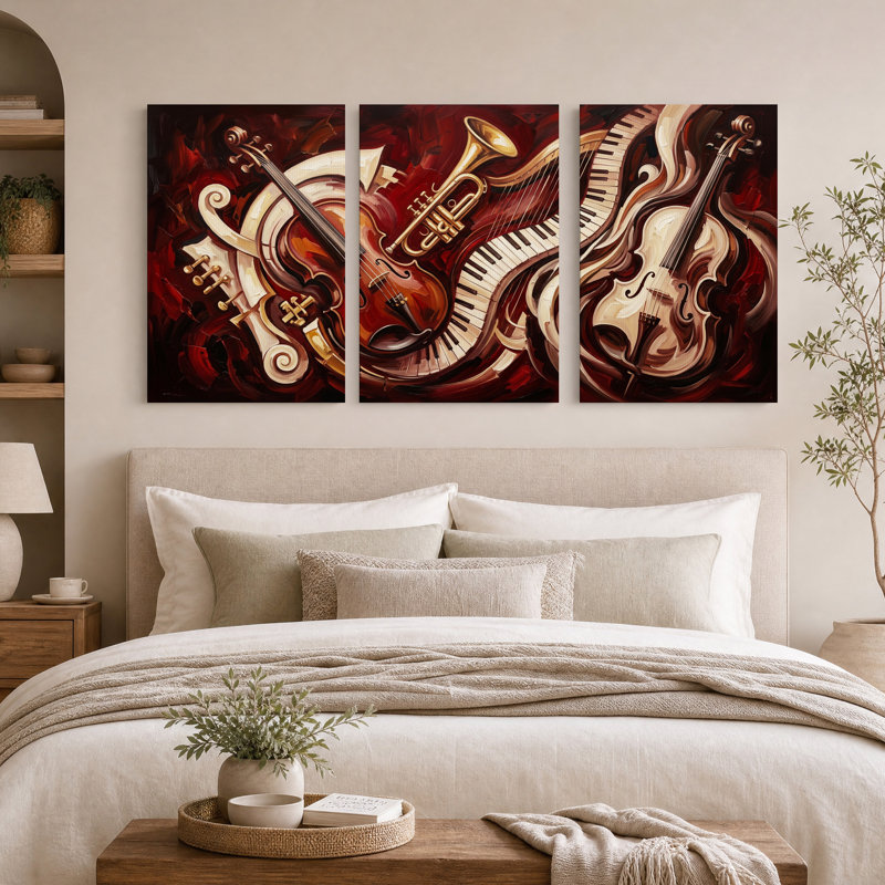 Ensemble de 3 toiles murales représentant des instruments de musique aux volutes rouges, 30"H x 20"W x 3pcs