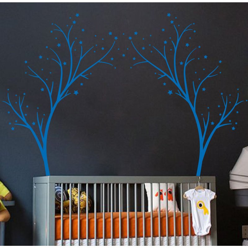 Décalcomanie murale arbres étoiles, H 80 po x l 99 po x P 0,01 po, Bleu azur