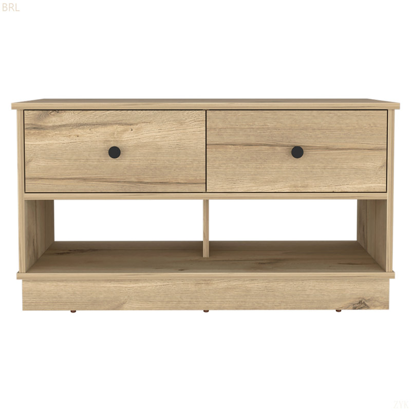 Rectangle 2-Shelf 2-Drawer Storage Bench, Light Oak