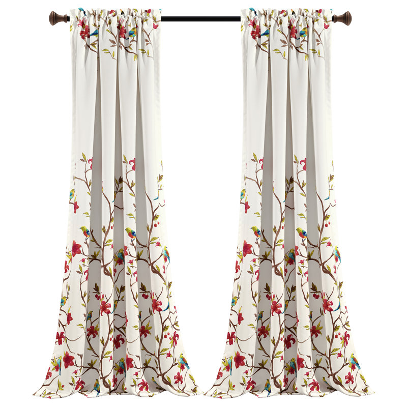 Ivory and Brown Bird Pattern Blackout Window Curtain Panels