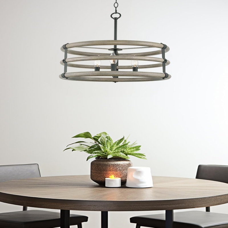 18" 3-Light Modern Farmhouse Drum Chandelier, Gray Oak Finish
