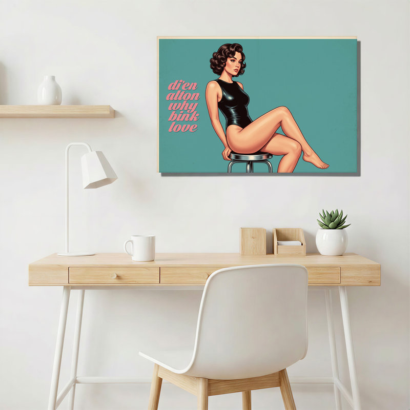 Femme en body noir assise sur un tabouret, toile murale sur fond turquoise, H 12 po x l 18 po
