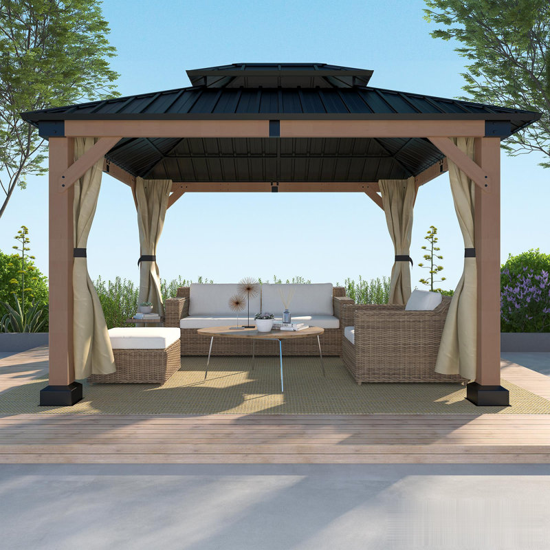 12 pi. L 10 pi. D Pavillon de jardin en bois de cèdre massif avec rideaux