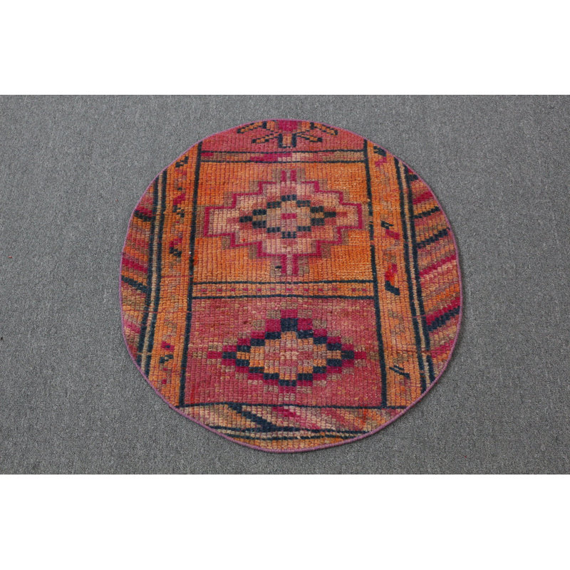 Tapis turc vintage à motif géométrique orange et rose tissé à la main