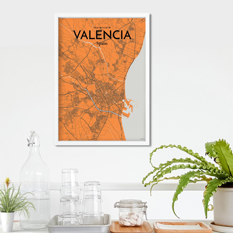 Valencia, carte de la ville, impression, H 27,6 po x l 19,7 po, Orange / gris