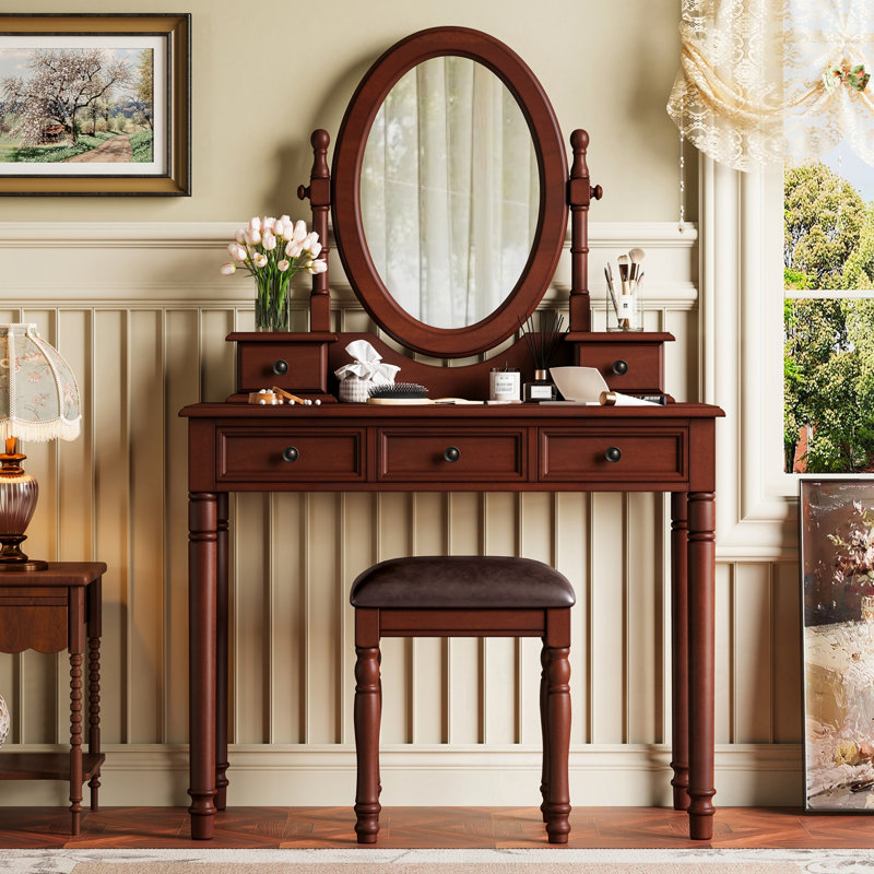 Vanity Desk With Adjustable Angle Mirror, Vintage Vanity Makeup Table And Cushioned Stool Set With Velvet Fabric Lining 5 Drawers,Wooden Dressing Table Set For Bedroom, Walnut
