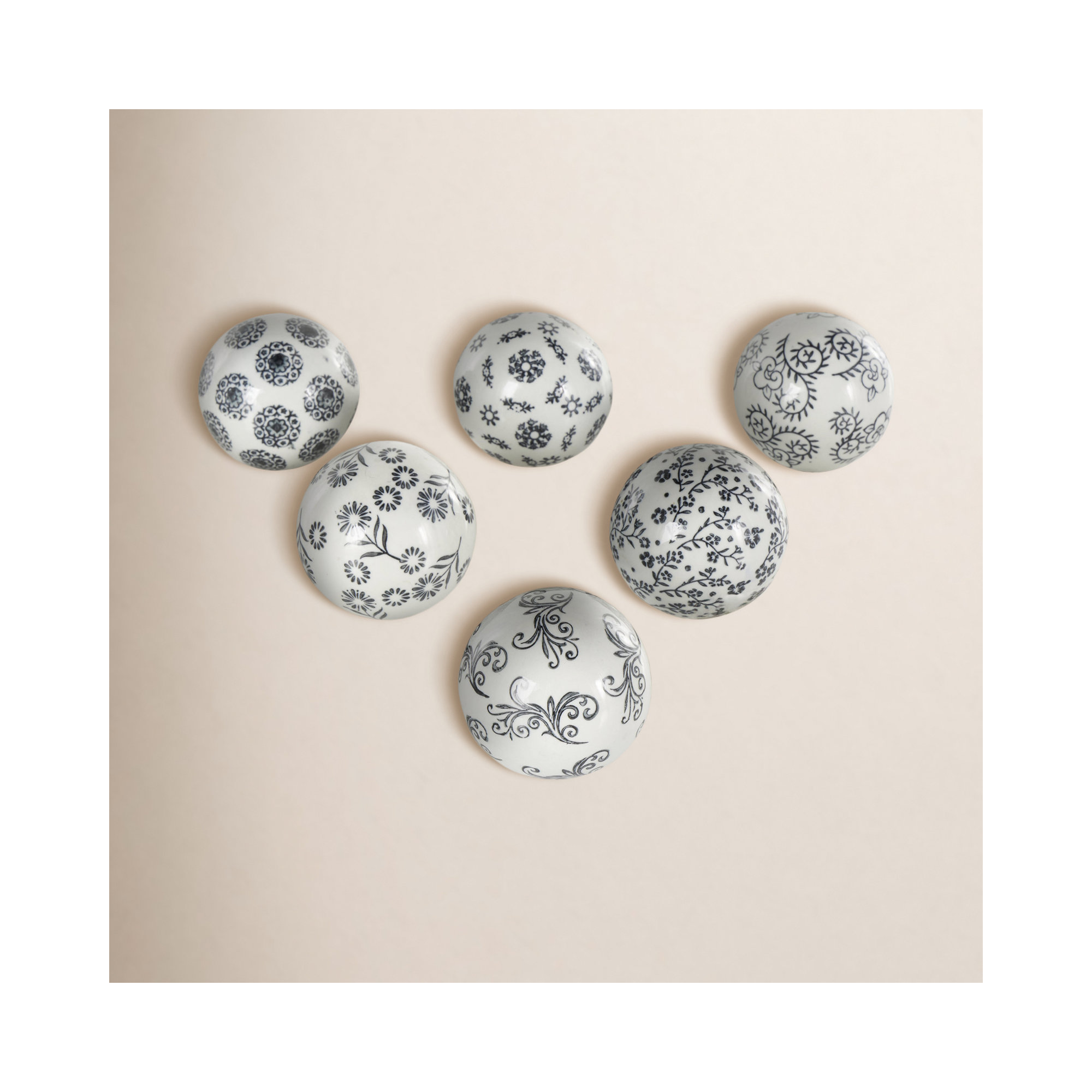 Cole And Grey Ceramic Handmade Glossy Decorative Ball Floral Orbs & Vase Filler With Black Floral And Scroll Patterns