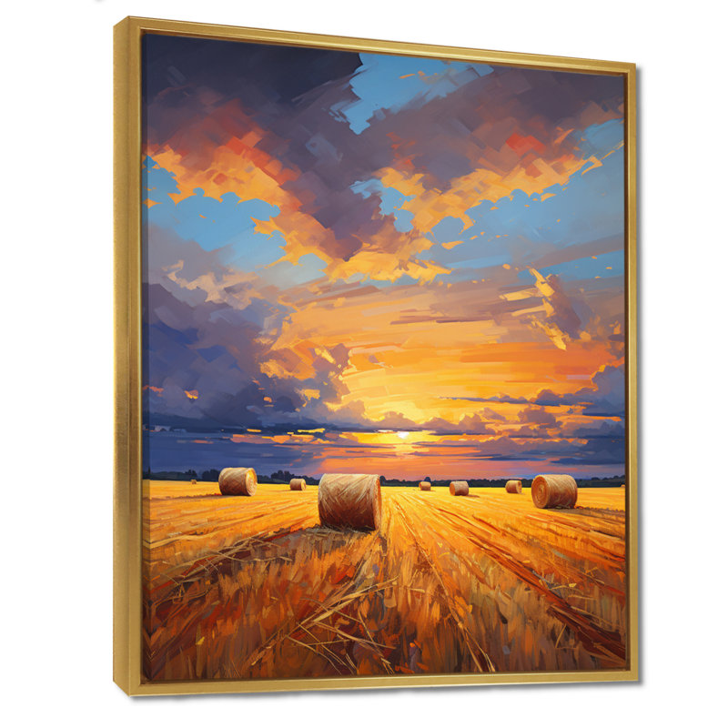 «Straw Bales On The Summer Sunset», art mural prairies, H 32 po x l 16 po, Cadre doré flottant, bois massif