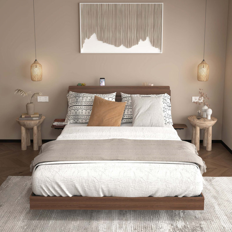 Cadre de lit flottant grand avec lumières DEL et station de charge, cadre de lit grand en bois avec tête de lit, aucun sommier requis, assemblage facile