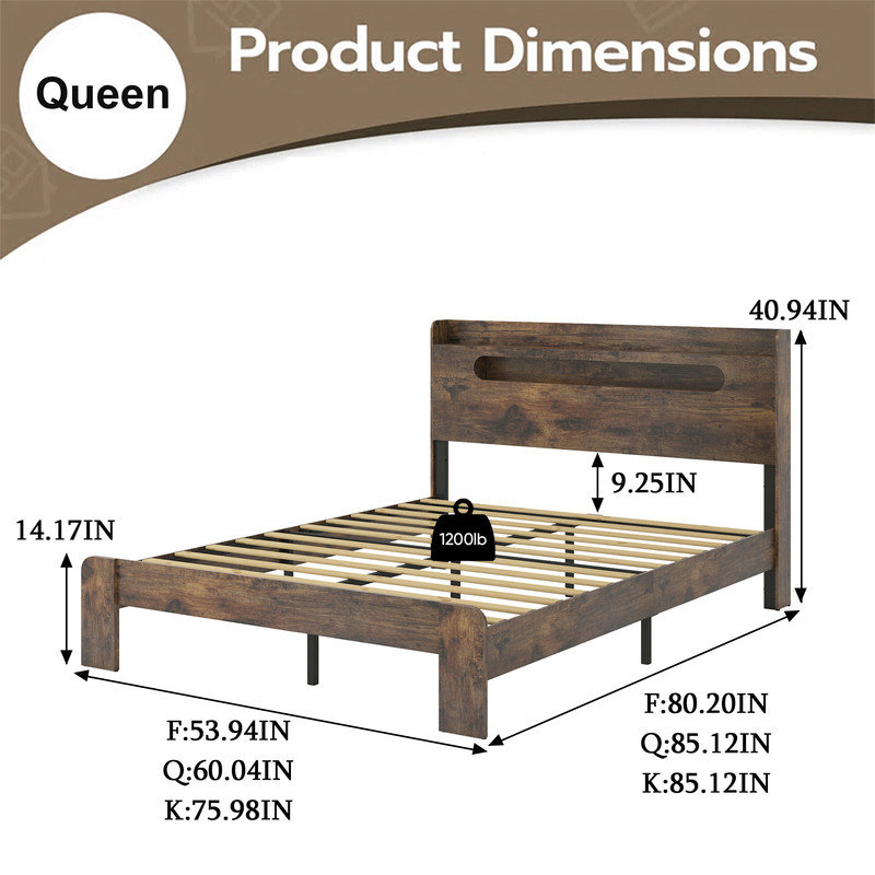 Wood Platform Bed Frame with Storage LED Light Headboard and 2 USB , Noise Free,No Box Spring Needed and Large Under Bed Storage,Dark Brown