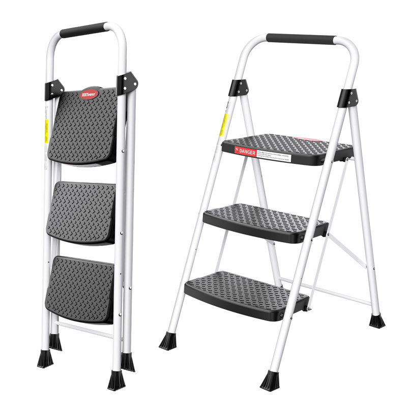 Escabeau portatif à 3 marches – Structure robuste en acier avec verrouillage rapide, capacité de charge de 150 kg, conception pliable et légère avec poignée intégrée, blanc