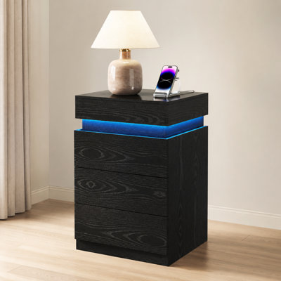 Black 3-Drawer Nightstand with Built-In Charging Station & RGB LED Lighting, Sliding-Top Modern Bedside Table