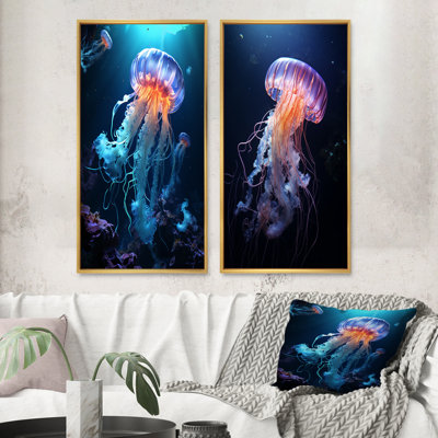 Jellyfish Luminescent Beauty - Art mural, ensemble de 2 - Reproduction d'art mural animaux pour décoration de bureau