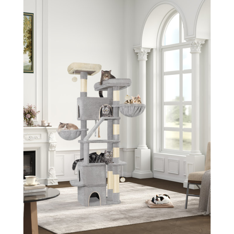 185 cm Cat Tree, Large Cat Tower for Indoor Cats, Cats House Furniture with Scratching Ramp, 2 Platforms, 3 Condos, 6 Scratching Posts, 2 Baskets, Pompoms