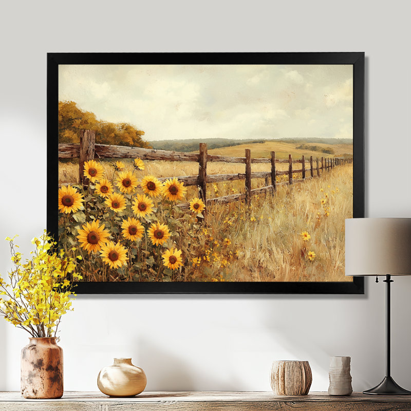 «Donishia Sunflowers By The Horse Corral I», art mural tournesols, Reproduction encadrée d'une seule photo sans pass