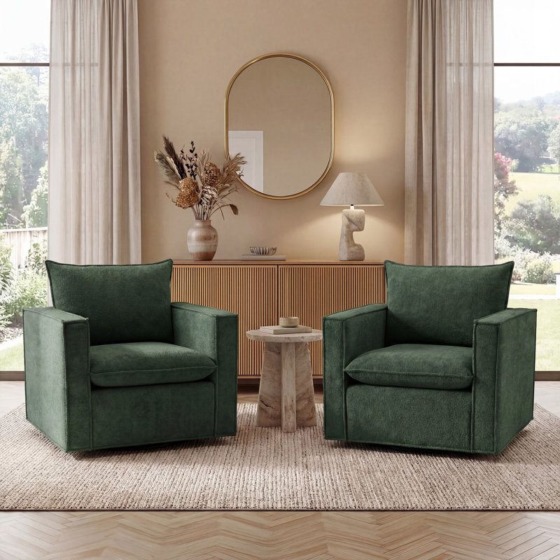 Louretha 34" Wide Fabric Upholstered Swivel Armchair, Green Fabric