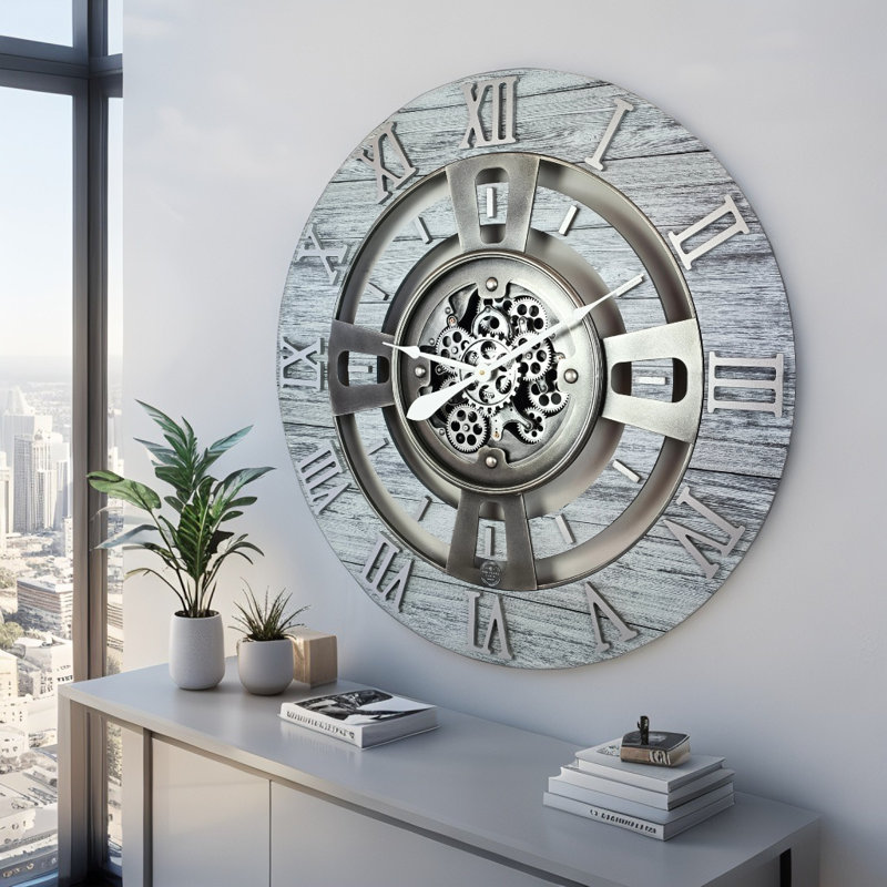 Wall Clock 24" Medium Sized for Living Room decor with Real Moving Gears England Collection, Silver Grey