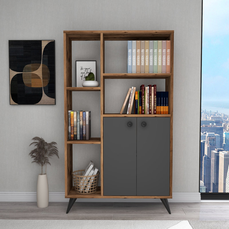 Bookcase with Storage Buzbee, Light Walnut/Beige