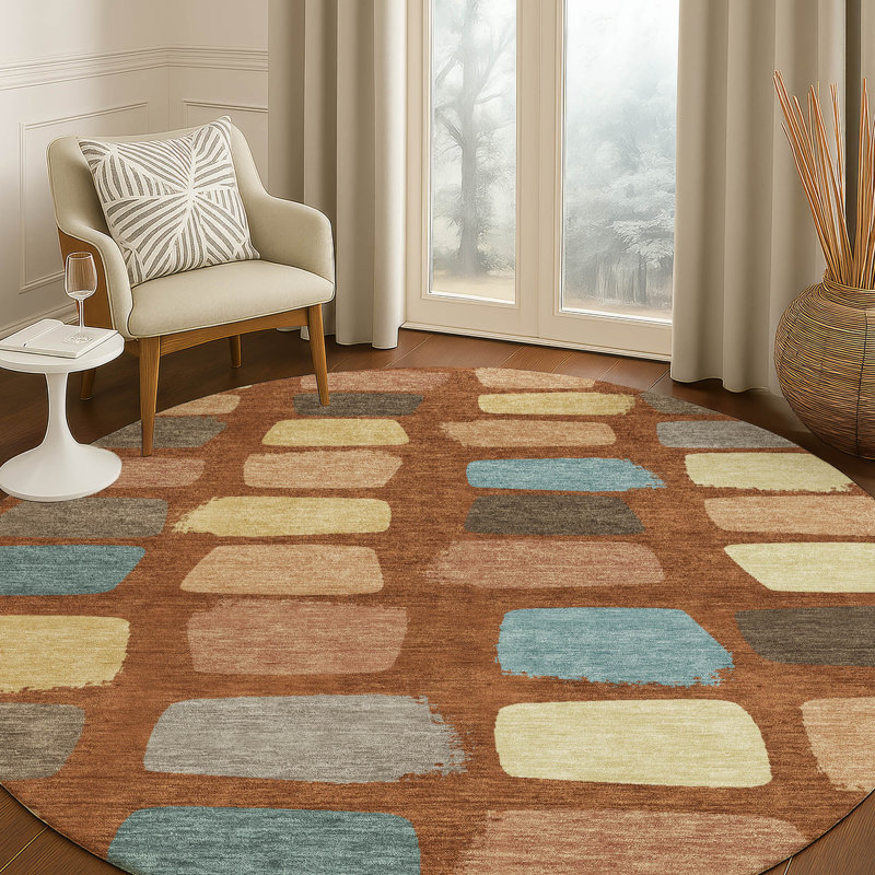 Machine Washable Indoor/Outdoor Chantille ACN2501 Squares Rug, Paprika, 8' Round
