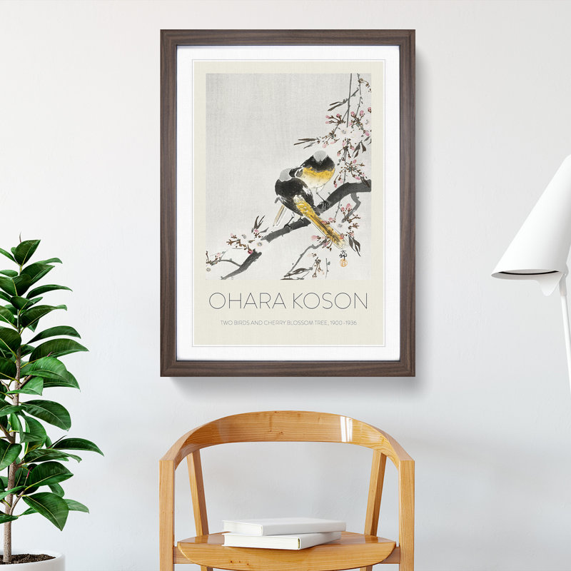 Two Sable Red Tails & Cherry Blossom by Ohara Koson - Picture Frame Art Prints, Walnut, 48cm H x 36cm W x 2cm D