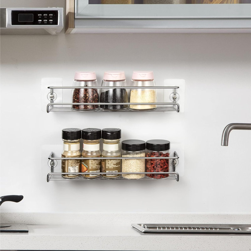 Étagère à épices murale à 2 niveaux, étagère à épices en métal chromé pour porte d'armoire de cuisine / garde-manger, comprend les options d'installation de perçage et sans perçage