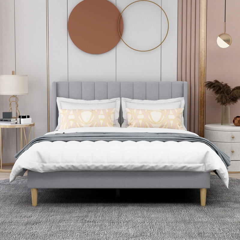 Lit plateforme tapissier avec tête de lit à oreilles Eriksay, Grand, Lin beige foncé