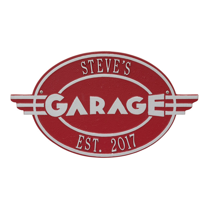 Moderno Garage Personalized Plaque Wall Décor, Red/Silver, Yes