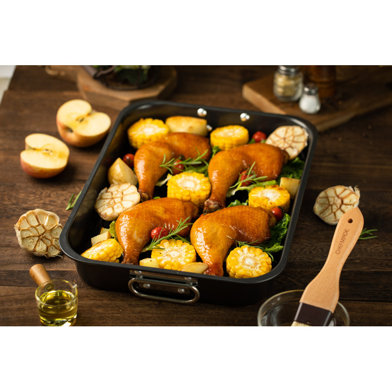 Poêle à rôtir antiadhésive à rôtir à la dinde de 15 po CHEFMADE, plat à rôtir rectangulaire à cuisson profonde 15,35 po x 11,4 po x 2,24 po (noir)