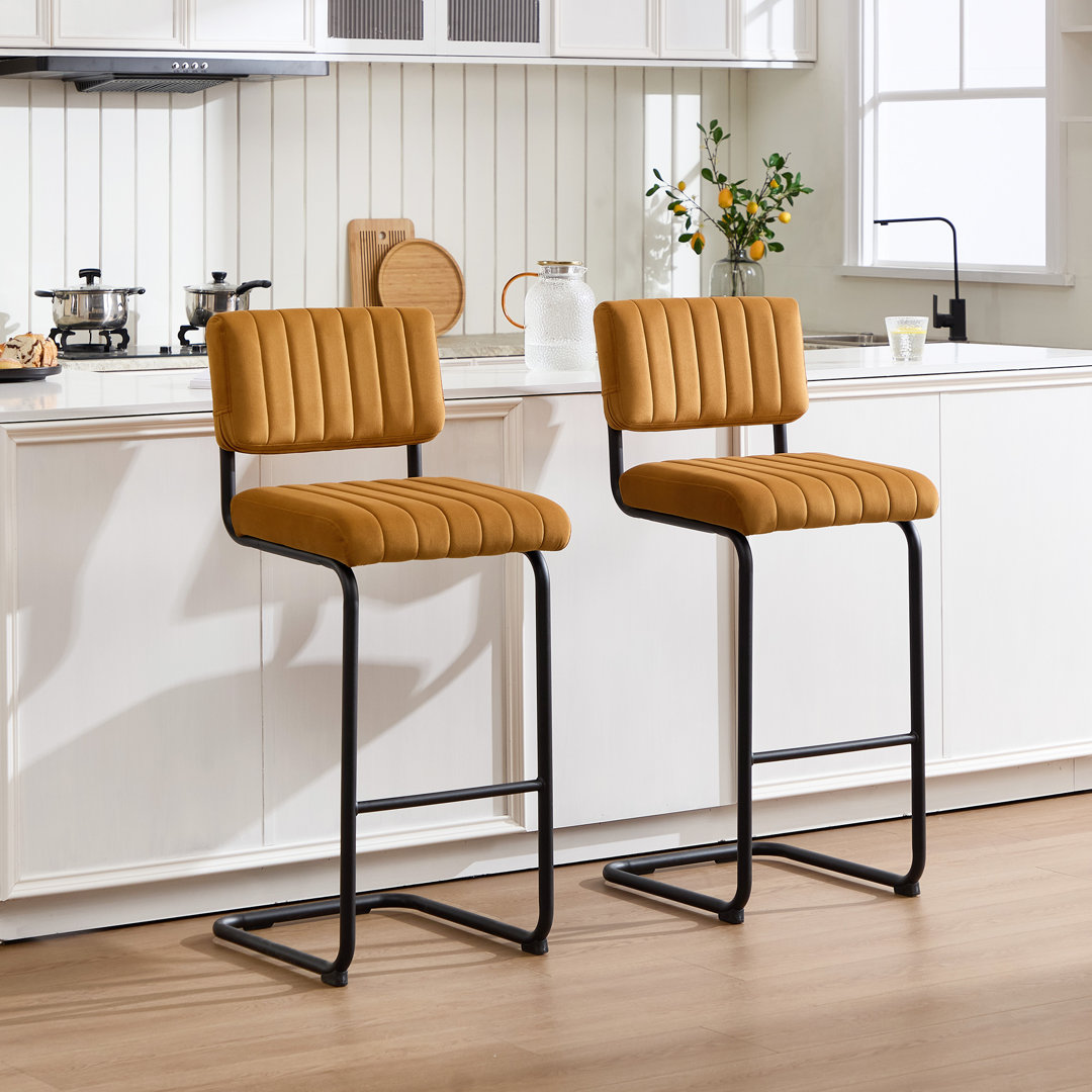 Ambrine Low Back Tufted Velvet Upholstered Counter/Bar Stool with Steel Sled Frame (Set of 2) Latitude Run® 