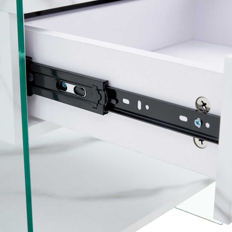 Bedside table with drawers: mdf top, transparent glass sides, simple elegant design, versatile storage solutions (109 characters)