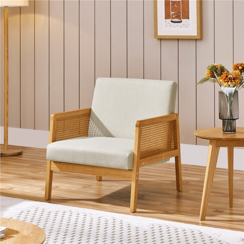 Bergstrom Upholstered Accent Chair Armchair with Rubberwood Legs, Beige Polyester