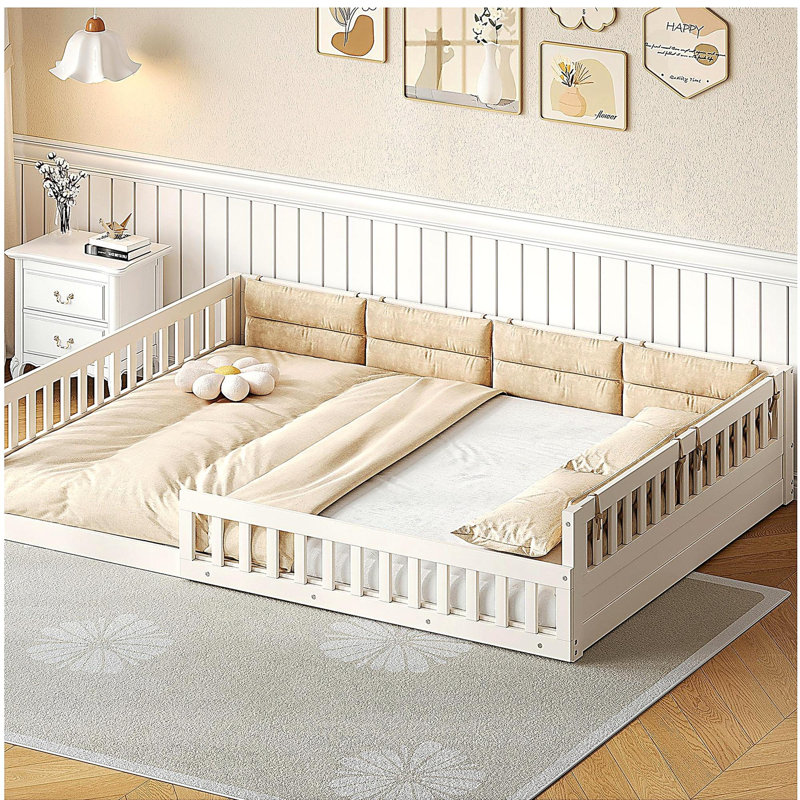 Wood Full Size Upholstered Platform Bed with Guardrail and Pillow, Gray, Gray