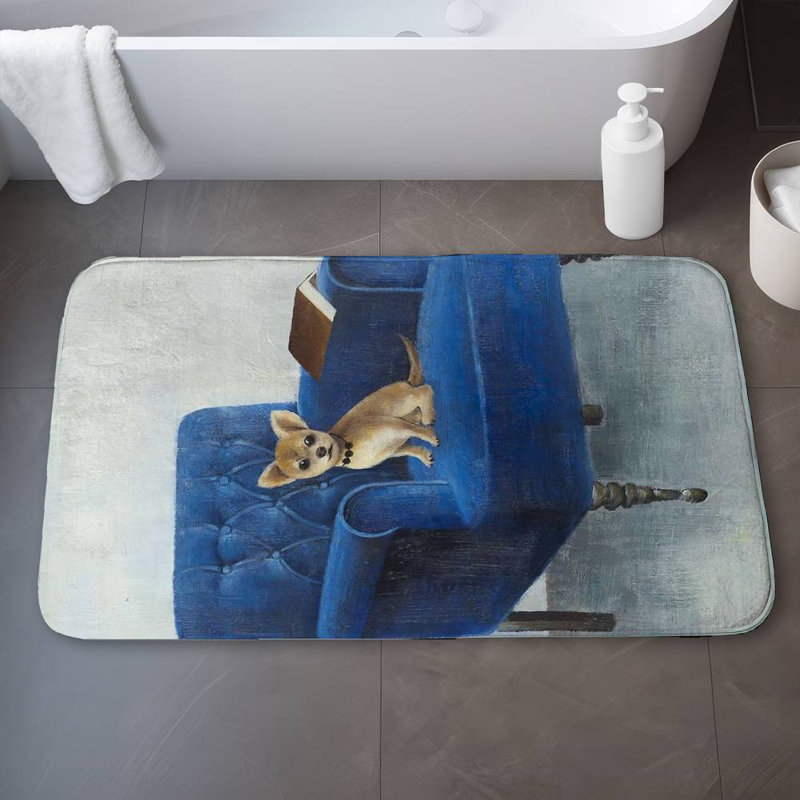 Chihuahua on a blue armchair Bath Mat with Non-Slip Backing - Quick Dry Memory Foam Bathroom Rug - Absorbent - Modern Plush Spa-Style - Machine Washable