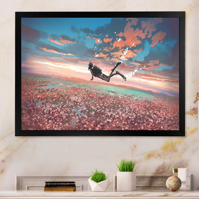 Jeu vidéo surréel scène plongeur flottant - peinture sur toile, H 30 po x l 40 po x P 1,5 po, Cadre d'angle fermé noir