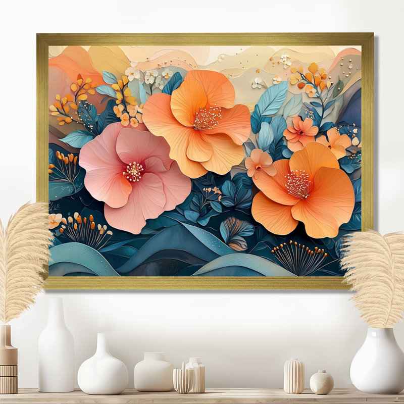 Hibisuc tropical dans une symphonie côtière III - Hibiscus, art mural, H 30 po x l 40 po, Cadre flottant, Doré