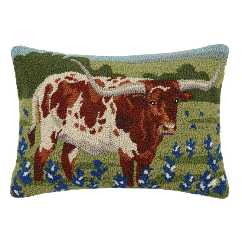  Longhorn in Bluebonnets Wool Hook Throw Pillow