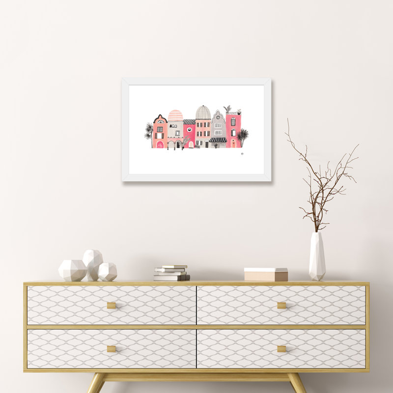 « row of houses », art, H 16 po x l 24 po x P 1 po, Papier avec cadre blanc