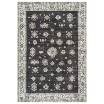 Washable Non-Slip - Black / Ivory Traditional Oriental Rug