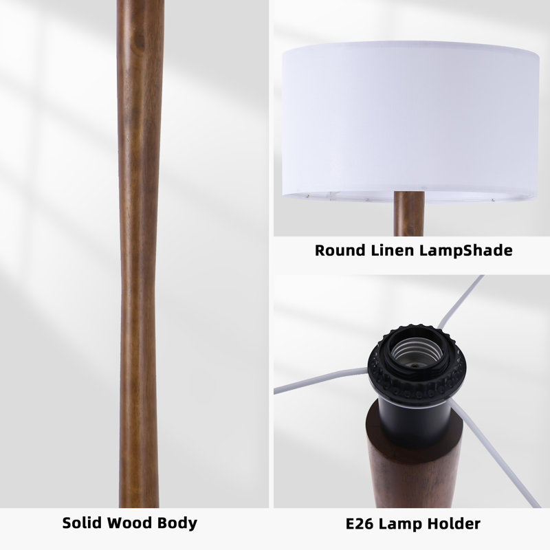 Lampe sur pied en bois de noyer 61 po avec abat-jour tambour en lin blanc 61 po, lampe sur pied minimaliste, certifiée cULus pour les tables d'appoint de salon, les coins de chambre à coucher, les bureaux à domicile ou les salles d'étude