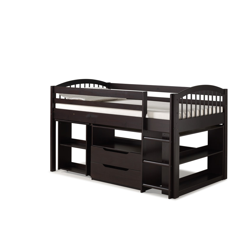 Lit mezzanine simple en bois massif avec bureau à tiroirs et tente interchangeable Abigail, Espresso