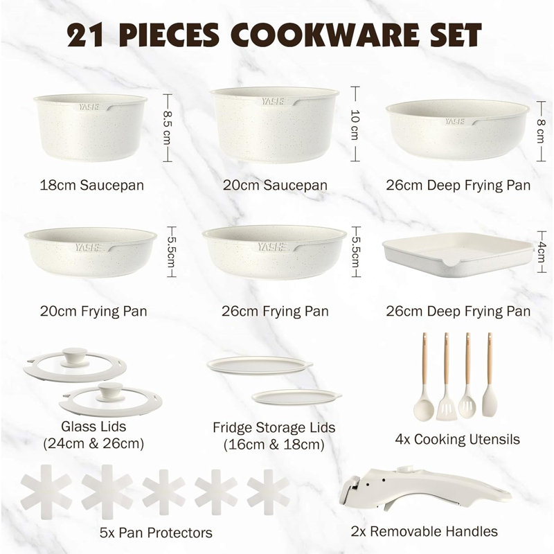 21-Piece Pots and Pans Set with Removable Handles,Nonstick Cookware Set, White