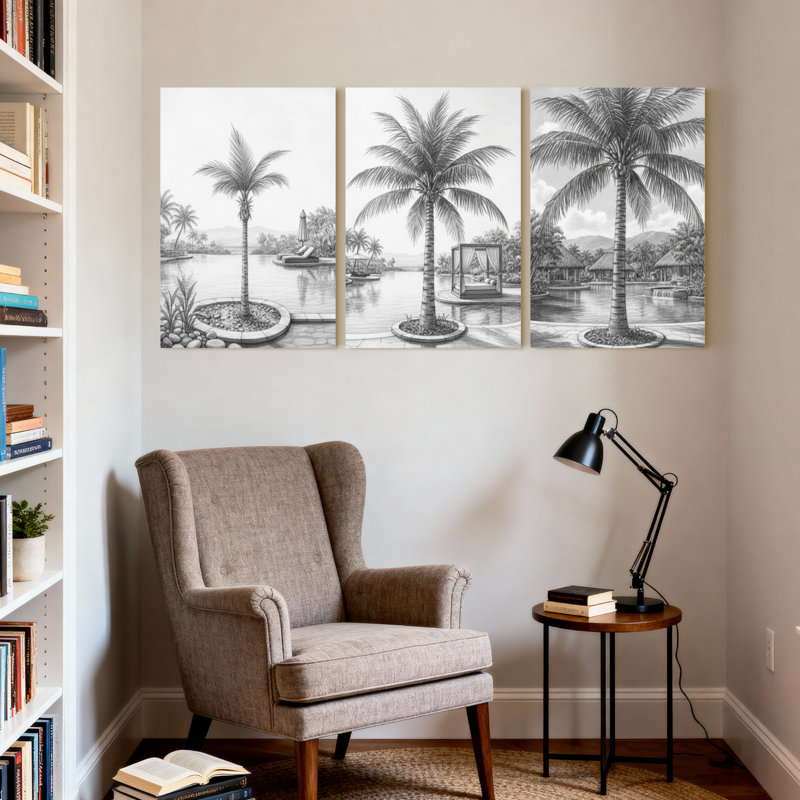 Palmiers, palmiers, reflets d'eau, paradis tropical, sérénité, ensemble de 3 impressions sur toile, H 30 po x l 60 po
