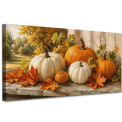  Pumpkin Canvas Wall Art Rustic Autumn Paintings with White Orange Pumpkins Modern Fall Pictures Artwork Decor Large Thanksgiving Canvas Wall Decor Prints for Living Room Entryway Dining Room, 20x40 inches