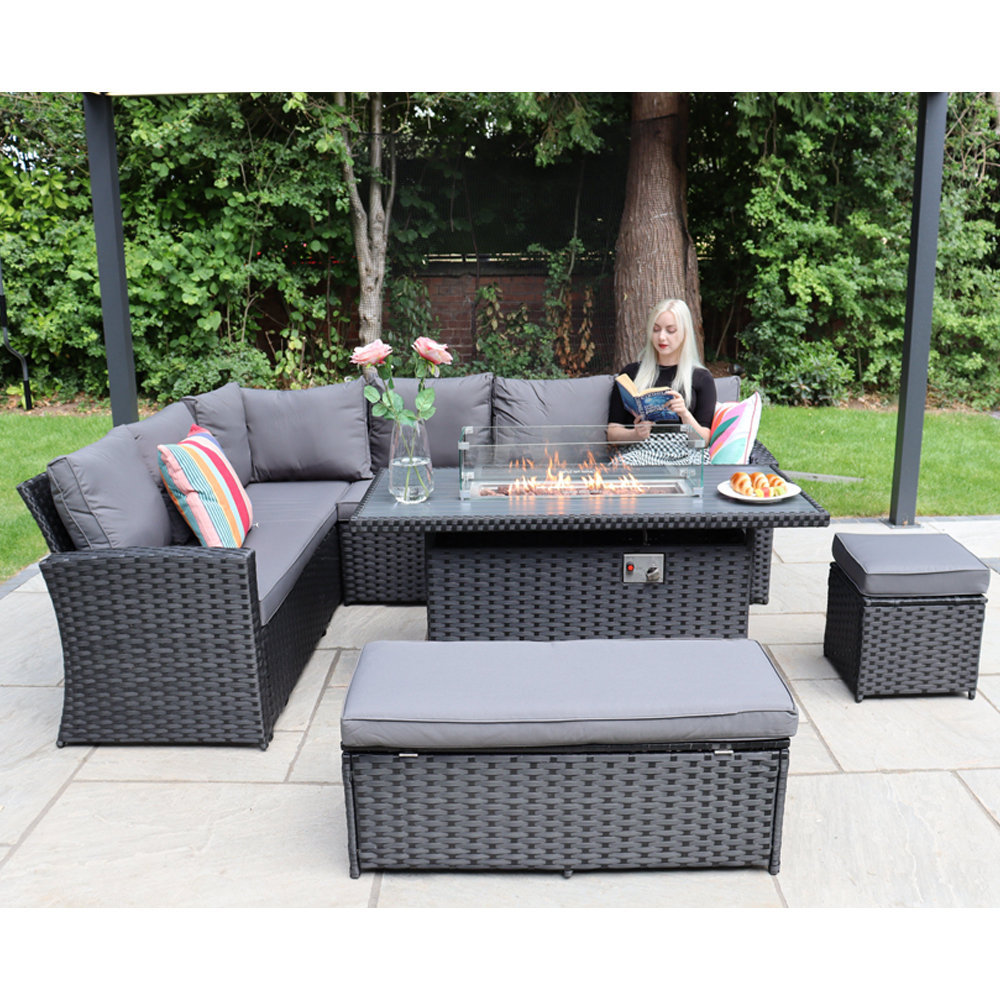 Rosen 9 Seater Corner Sofa  Set With Fire-pit Dining Table With Storage Box & Rain Cover