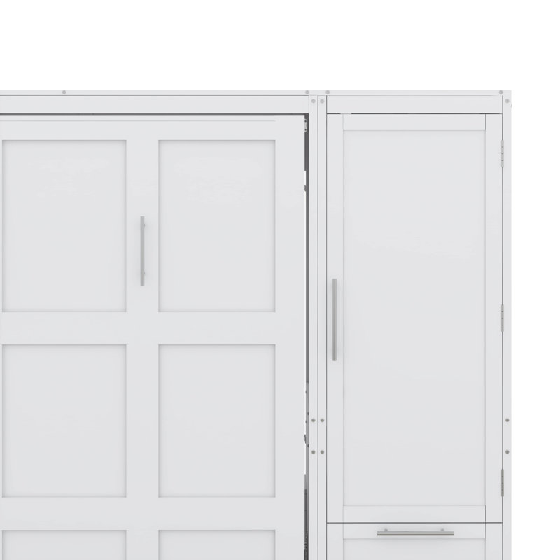 Grand lit escamotable mural avec garde-robe, tiroirs et tablettes, Blanc