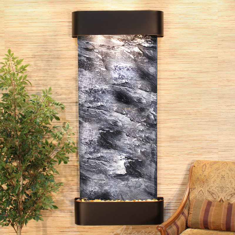Inspiration Falls Handcrafted Indoor Natural Stone Waterfall Fountain with Lights, Blackened Copper, Black Spider Marble